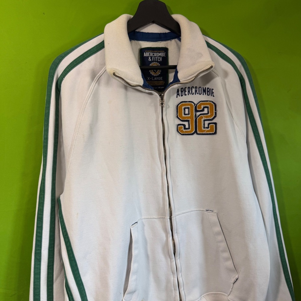 Abercrombie & Fitch Mens XL White Track Jacket Green Stripe Full Zip 92 Vintage
